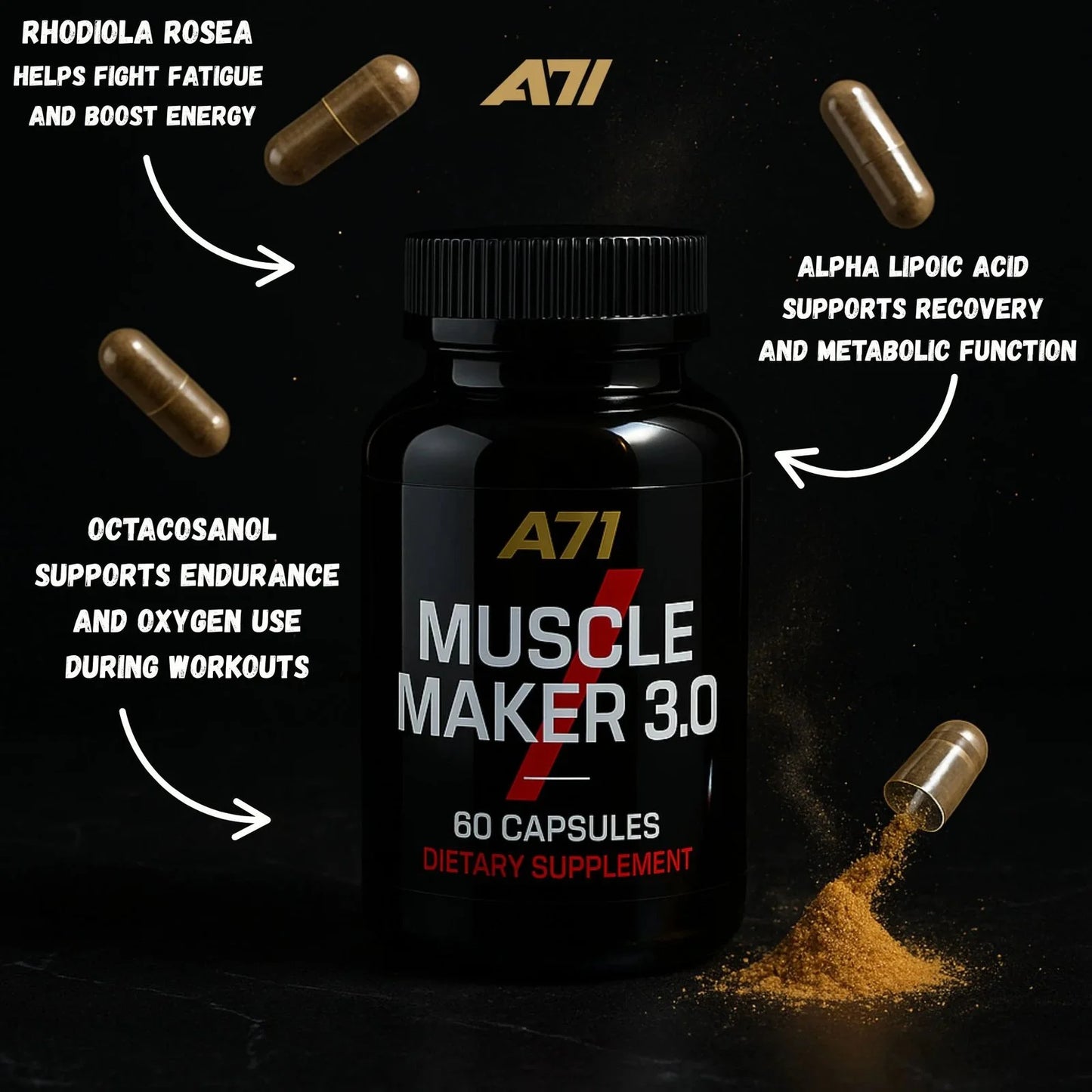 A71 Muscle Maker 3.0 | Muscle Support Formula with Tongkat Ali, Rhodiola, Tribulus, Zinc & Vitamin B6