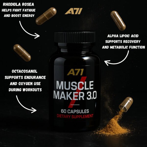 A71 Muscle Maker 3.0 – Strength & Performance Support, Muscle Builder with Tongkat Ali, Rhodiola, Tribulus, Zinc & B6 - Image 2