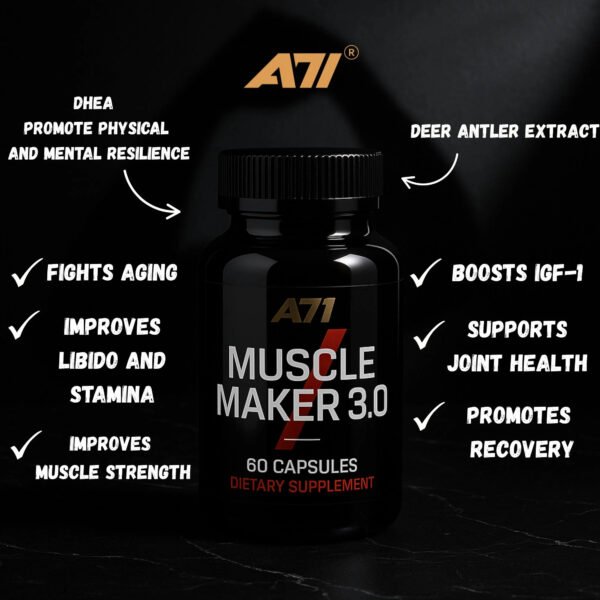 A71 Muscle Maker 3.0 – Strength & Performance Support, Muscle Builder with Tongkat Ali, Rhodiola, Tribulus, Zinc & B6 - Image 3